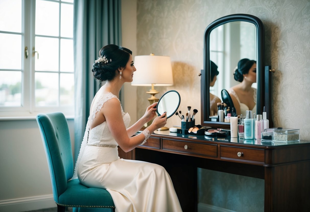 A bride sits at a vanity, her wedding dress draped over a chair. She holds a mirror, studying her hair and makeup options