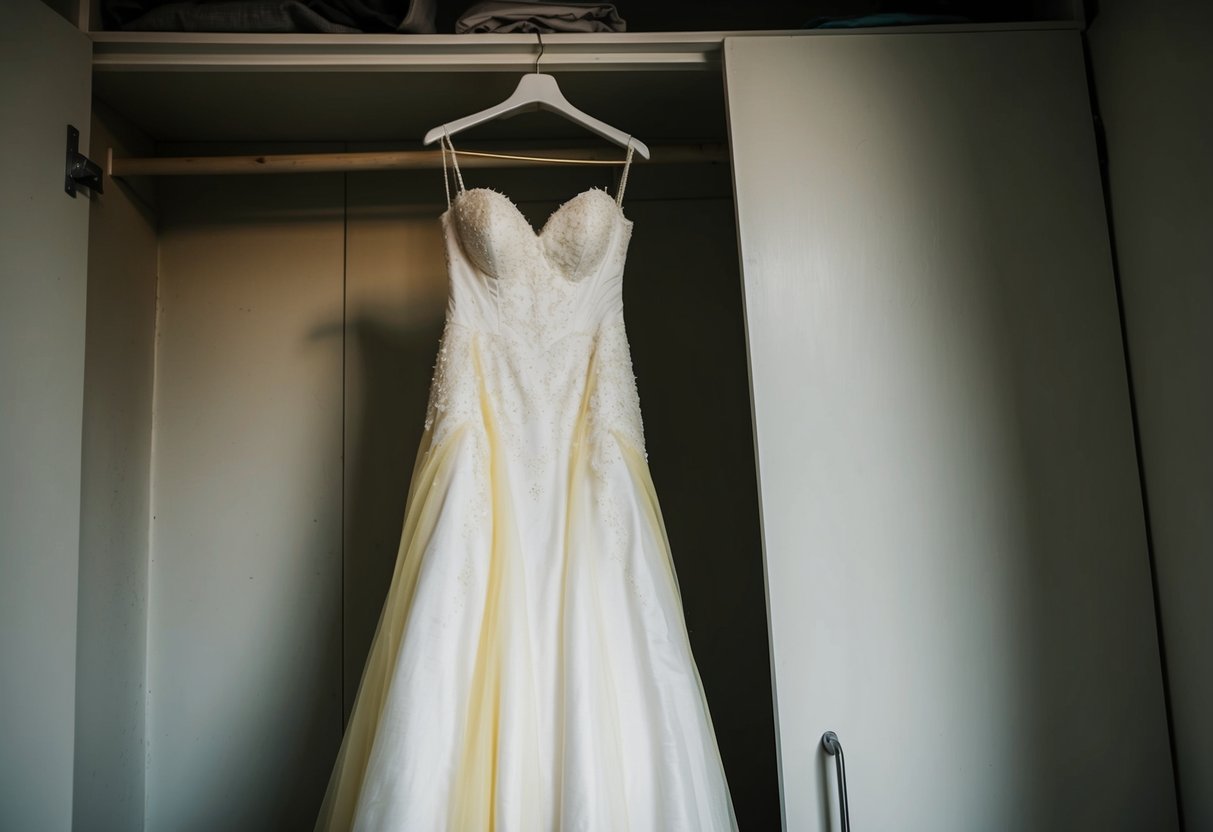 A wedding dress hanging in a dimly lit closet, surrounded by dust and neglect. The once pristine white fabric now tinged with a yellow hue