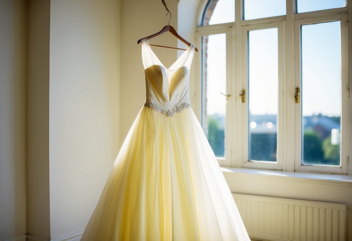 A vintage wedding gown hangs in a sunlit room, its once pristine white fabric now tinged with a yellowed hue