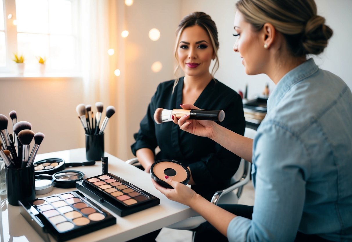 A makeup artist applies cosmetics to a chair in a well-lit room, surrounded by brushes and palettes