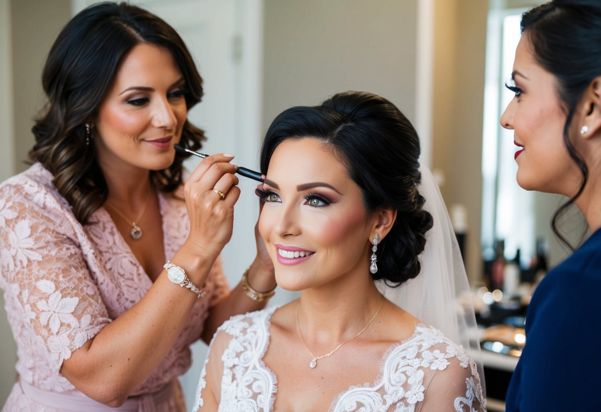 A makeup artist carefully applies makeup to a woman's face for a special occasion. The mother of the bride looks pleased with the result