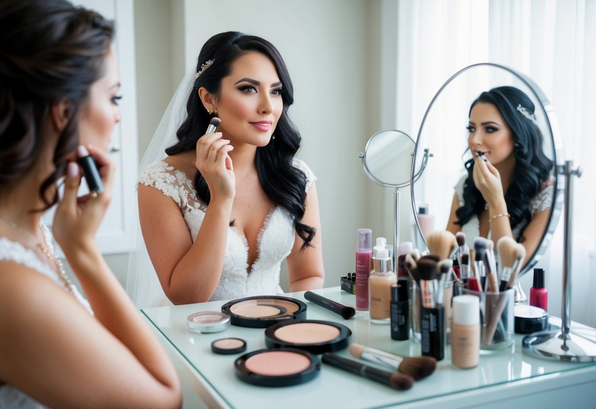 A bride sits at a vanity, surrounded by makeup products and tools. She carefully applies foundation, blush, and eyeshadow, focusing on creating a flawless look for her special day