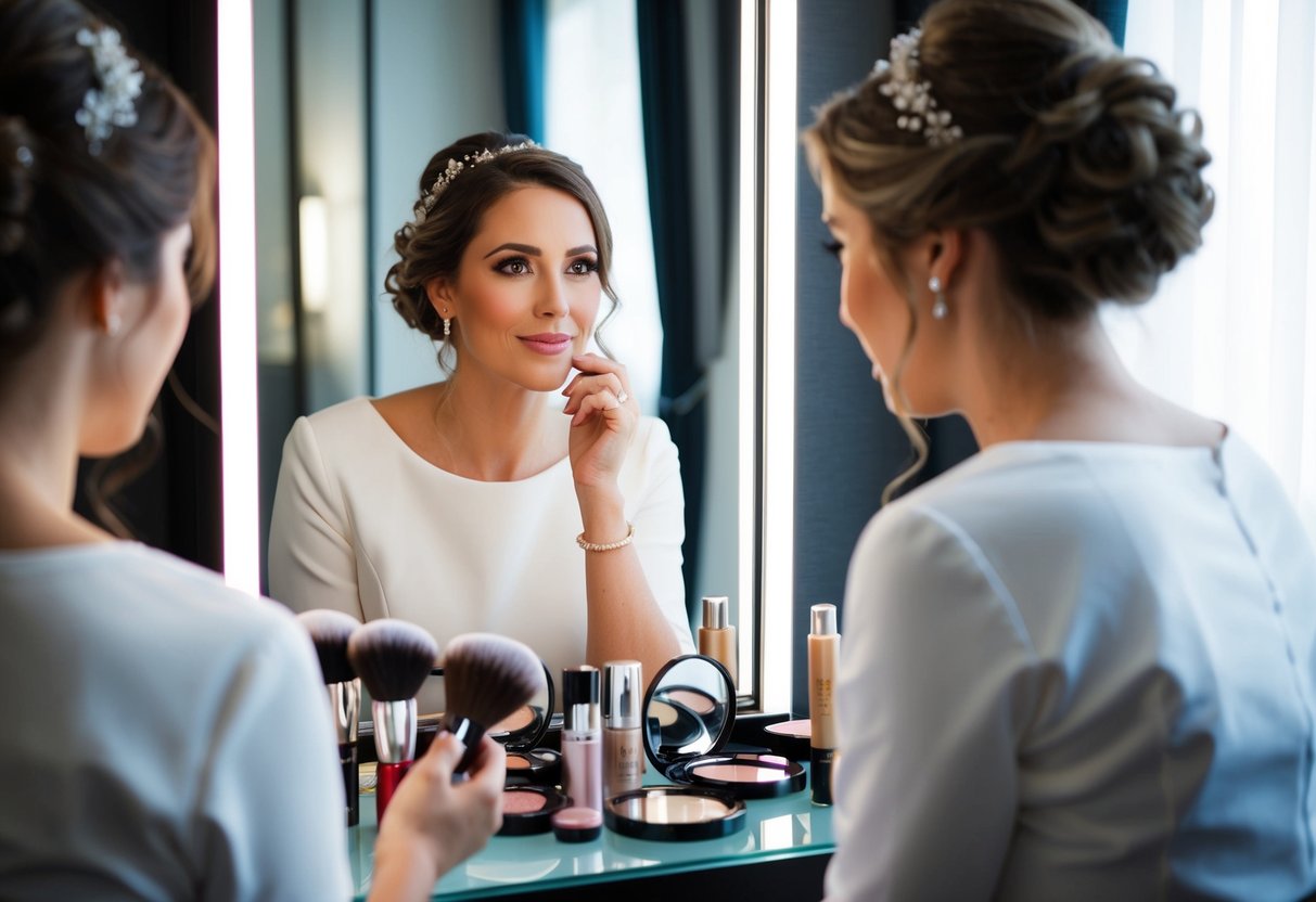A bride surrounded by makeup products, looking at herself in a mirror with a thoughtful expression