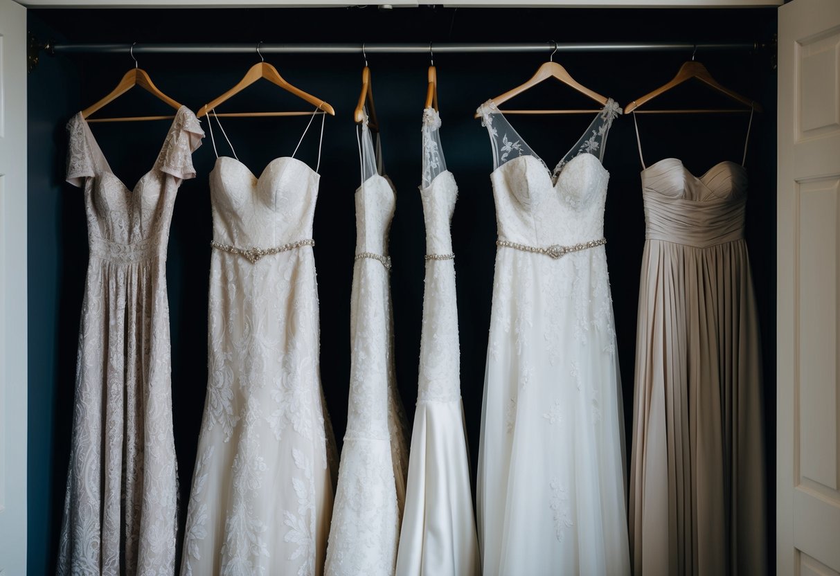 A row of wedding dresses hangs in a dark closet, gathering dust and memories
