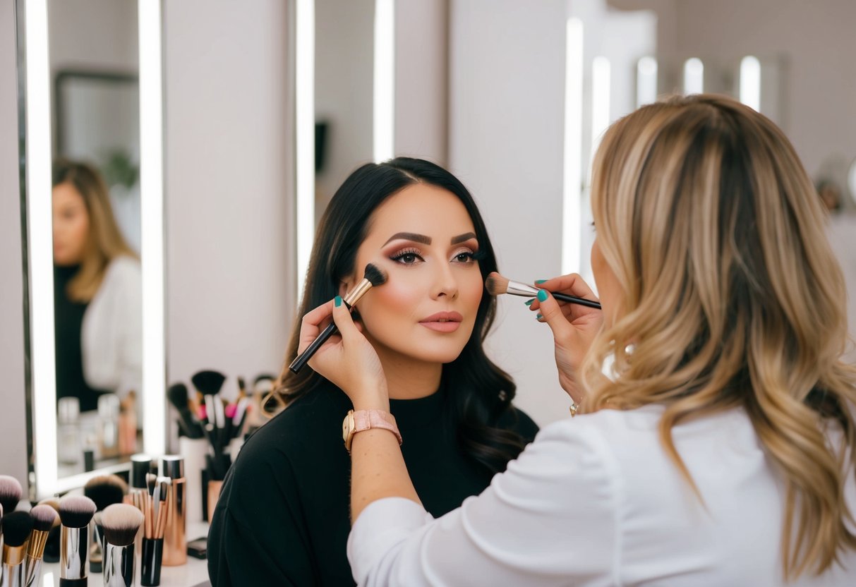 A makeup artist applies makeup to a woman's face in a well-lit room filled with beauty products and mirrors