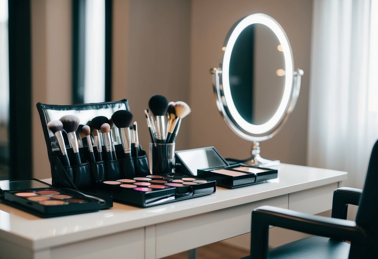 A makeup artist's kit with brushes and palettes, next to a chair and mirror in a well-lit room