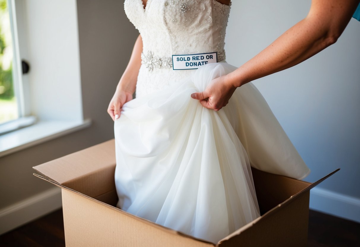 A bride's dress being carefully packed into a box, with a label indicating it's being sold or donated