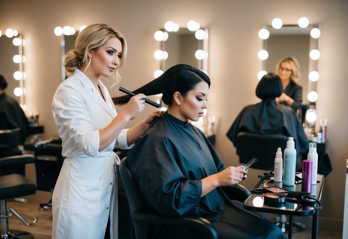 A makeup artist and hairstylist work on a chair and table with tools and products