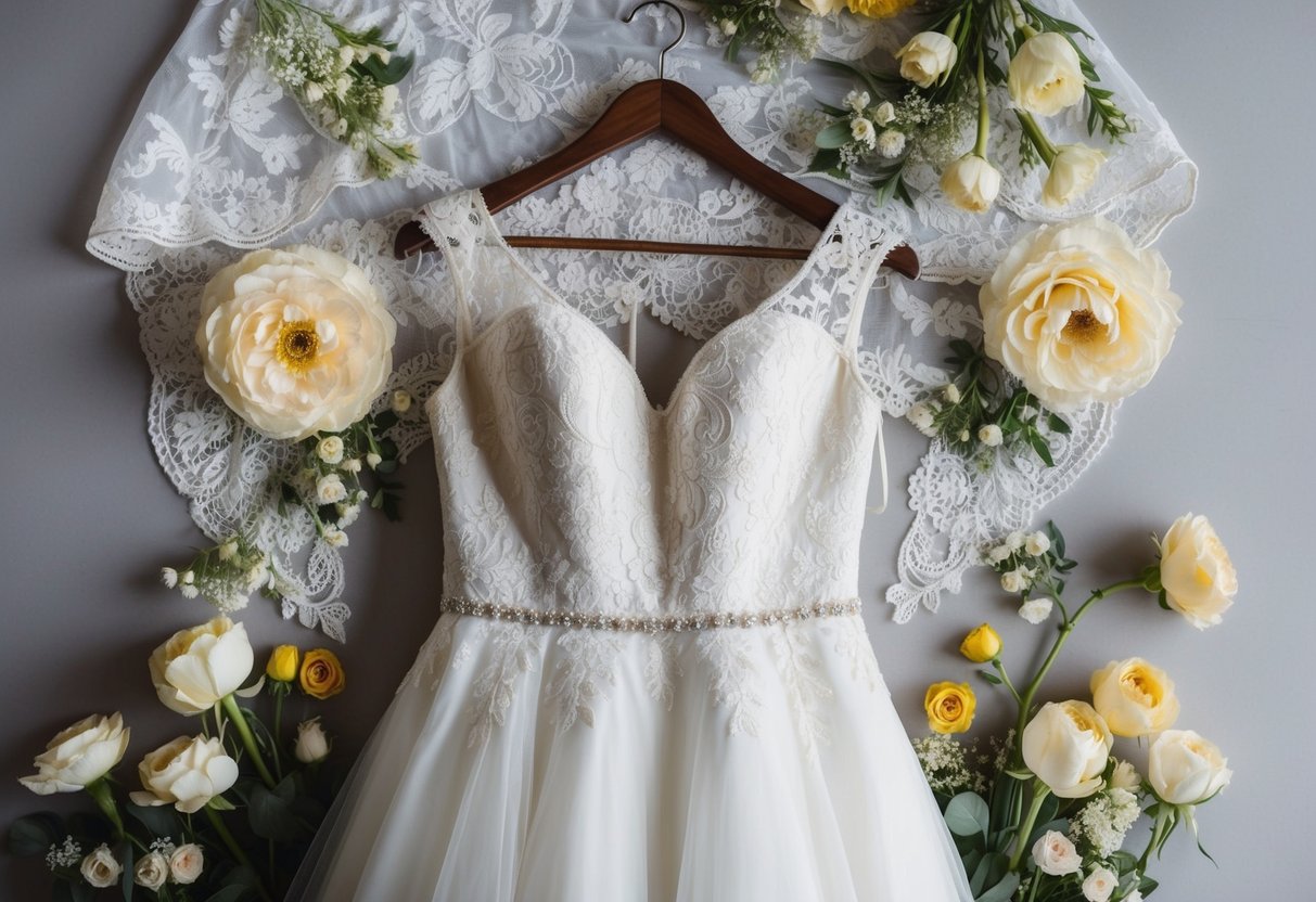 A bride's wedding dress hanging on a vintage wooden hanger, surrounded by delicate lace, flowers, and soft lighting