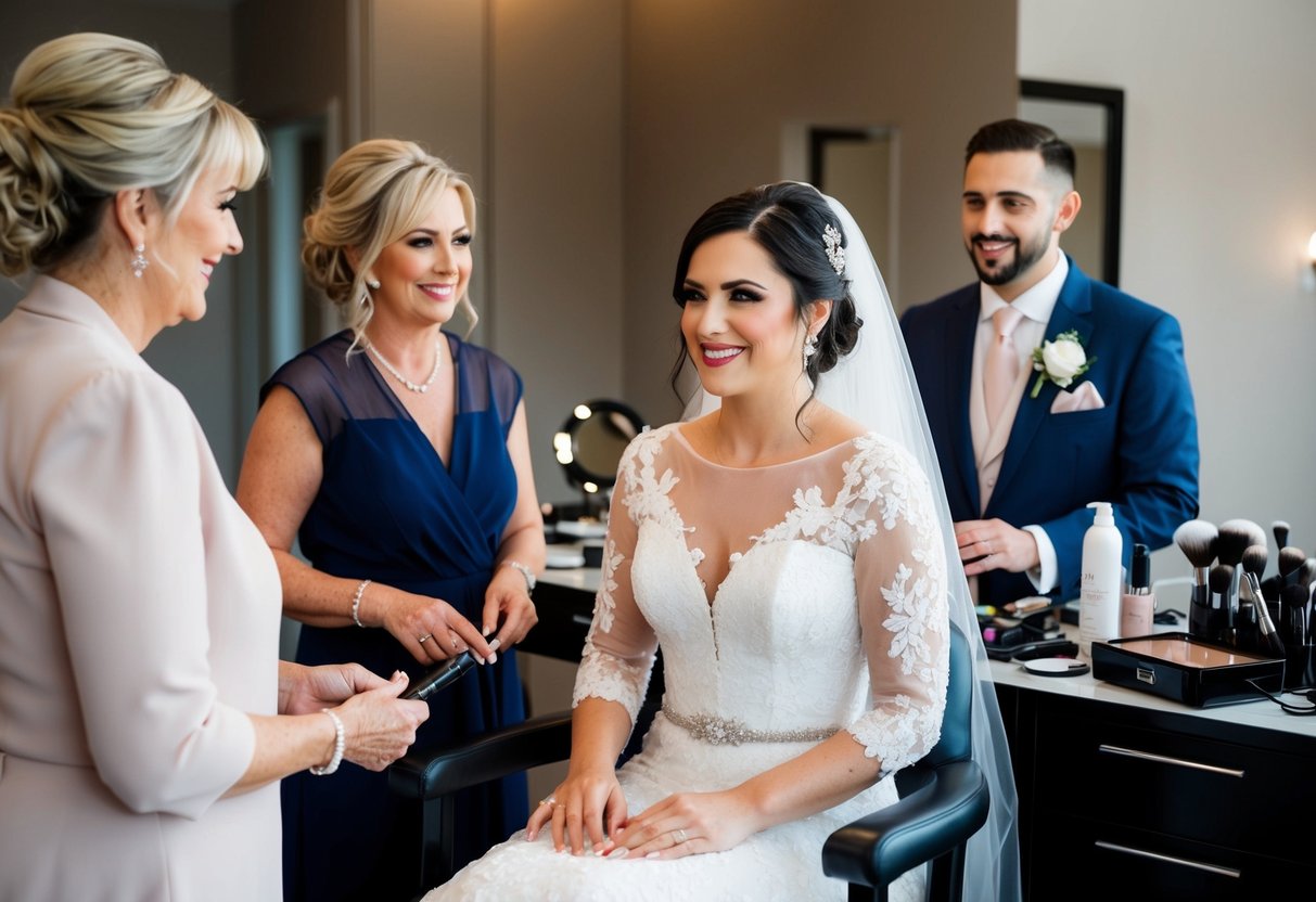 A bride sits in a chair, surrounded by makeup and hair tools. The mother of the groom stands nearby, smiling and watching the preparations
