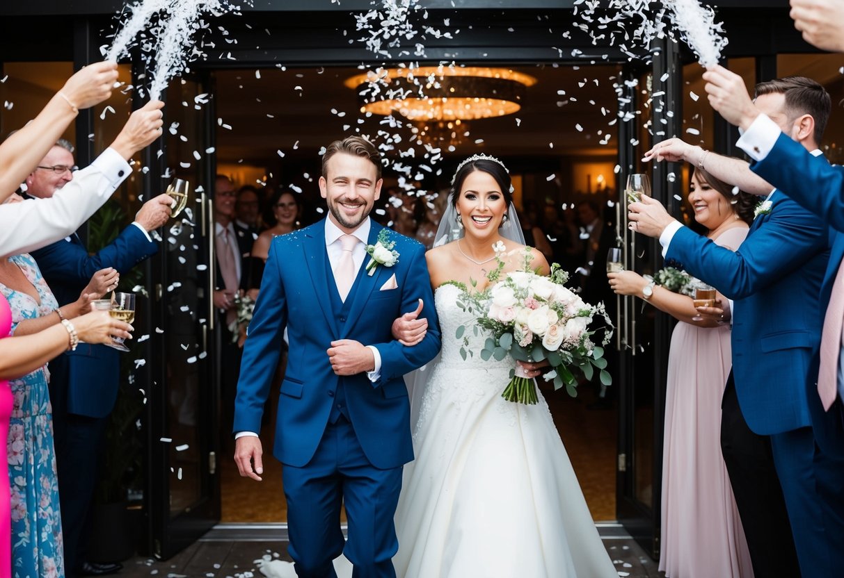 The bride and groom exit the reception, surrounded by a shower of confetti and well-wishes from their guests