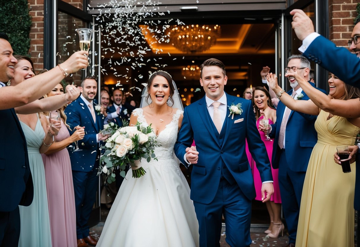 The bride and groom exit the reception, surrounded by cheering guests and a shower of confetti