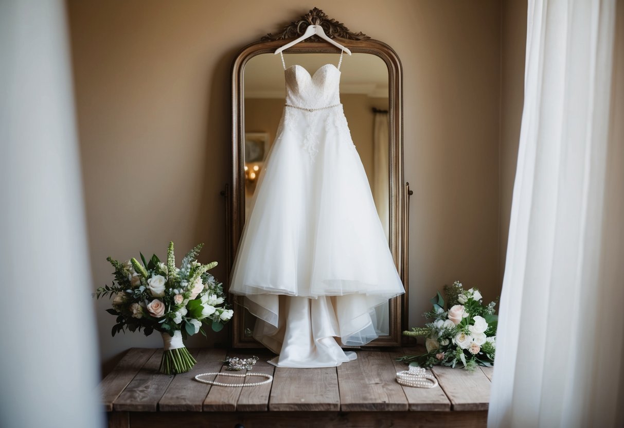 A bride's gown hangs from a vintage mirror, surrounded by delicate jewelry and a bouquet of fresh flowers on a rustic wooden table