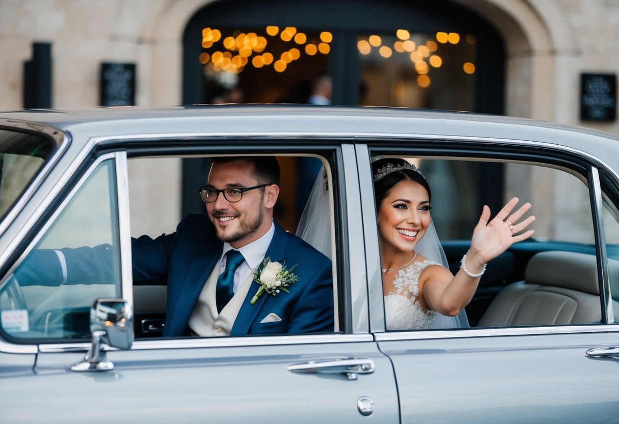 A car pulls up to the venue, the bride and groom emerge, waving to guests as they depart