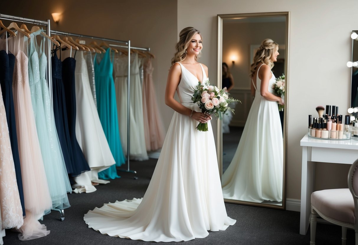 A woman in a flowing wedding dress stands in front of a mirror, holding a bouquet of flowers. She is surrounded by racks of dresses and a makeup table