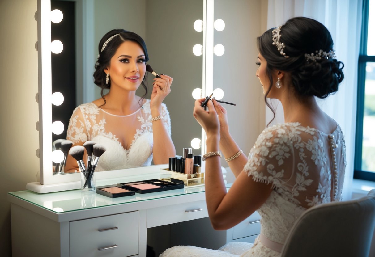 A woman sits at her vanity, applying makeup and styling her hair in preparation for her bridal appointment. She carefully selects accessories to complement her look