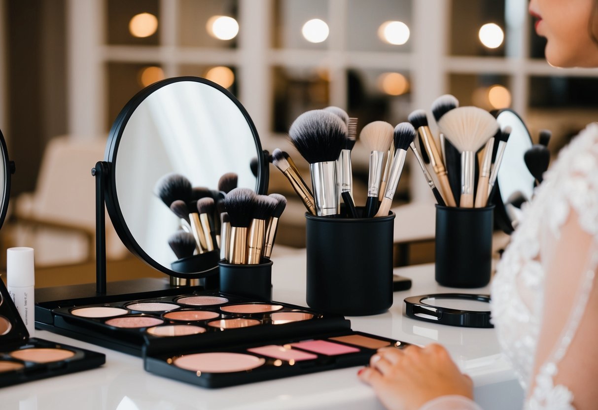 A bride's makeup station with multiple brushes, palettes, and mirrors