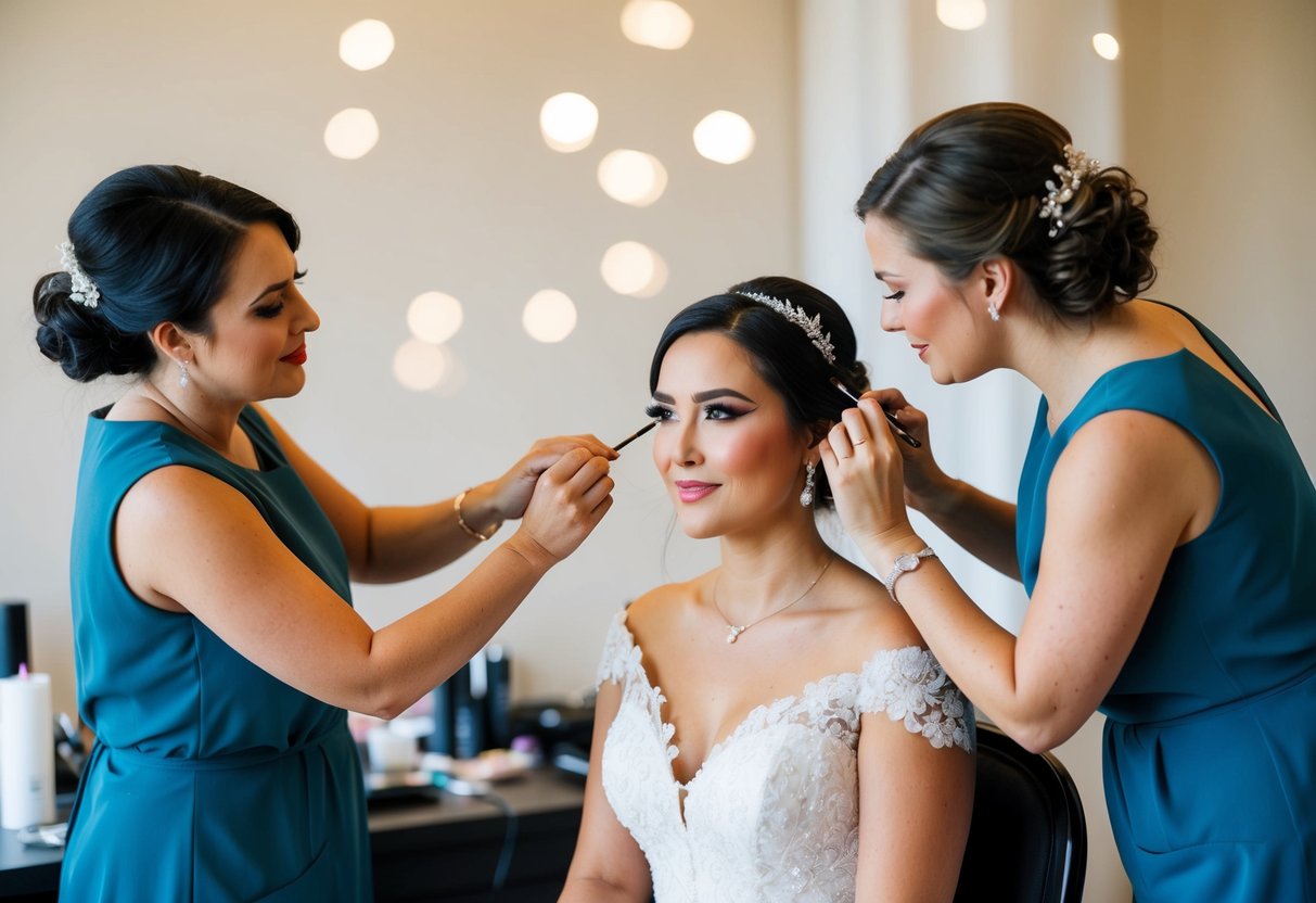 A bride sits in a chair as two makeup artists work on her face and hair for her wedding day