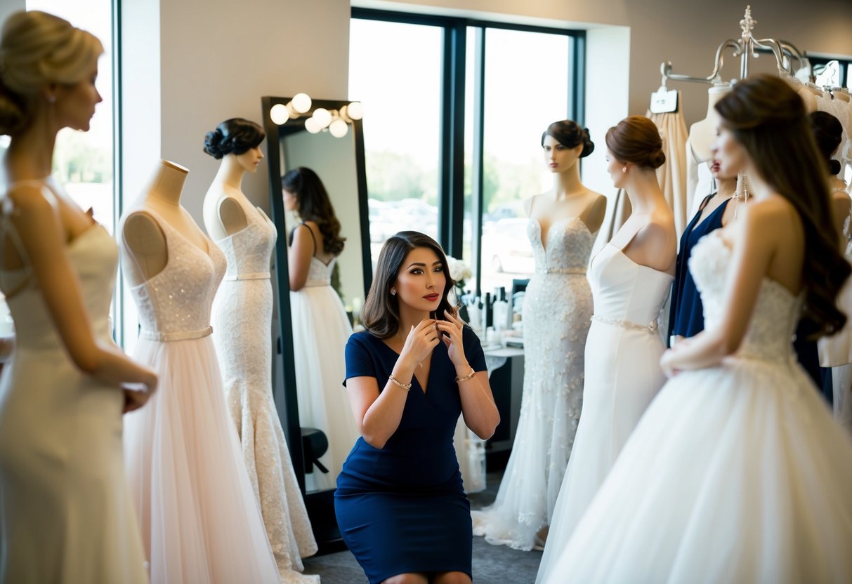 A woman in a bridal boutique, surrounded by mannequins wearing various wedding dress styles, with a mirror reflecting her reflection as she contemplates her hair and makeup