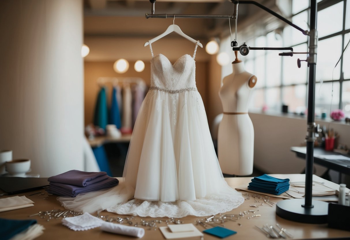 A wedding dress hanging on a mannequin, surrounded by pins, needles, and fabric swatches on a work table