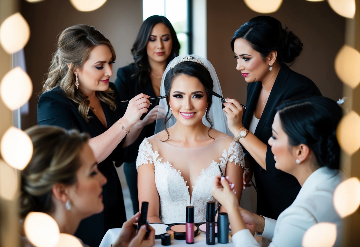 A bride surrounded by multiple makeup artists, each working on a different aspect of her wedding day look