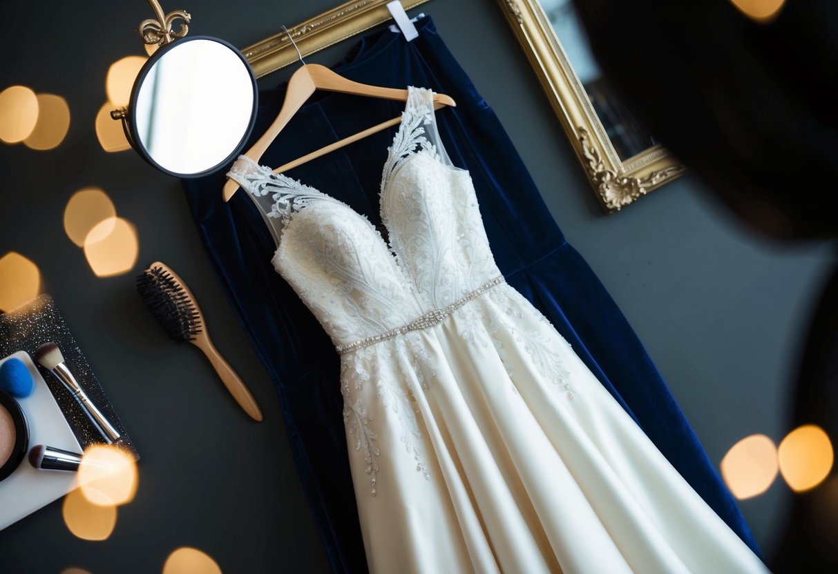 A woman's elegant gown hangs on a hanger, surrounded by a mirror, hairbrush, and makeup