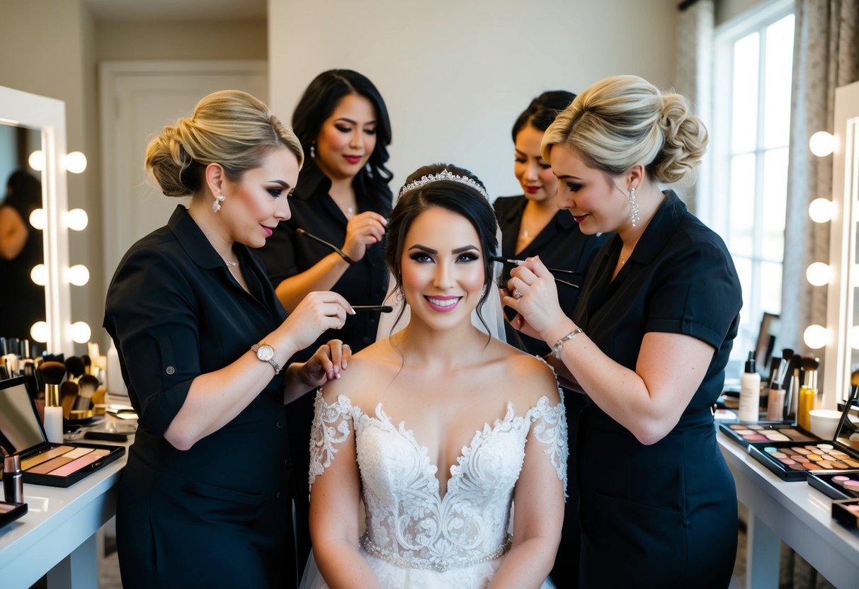 A bride surrounded by multiple makeup artists, each working on a different aspect of her wedding day look