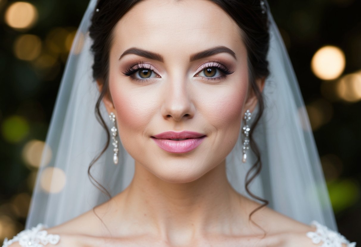 A bride with soft pink lips and glowing skin, adorned with subtle eyeshadow and long, fluttery lashes