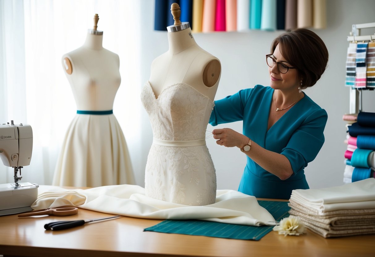 A seamstress adjusts a wedding dress on a mannequin, surrounded by fabric swatches and sewing tools
