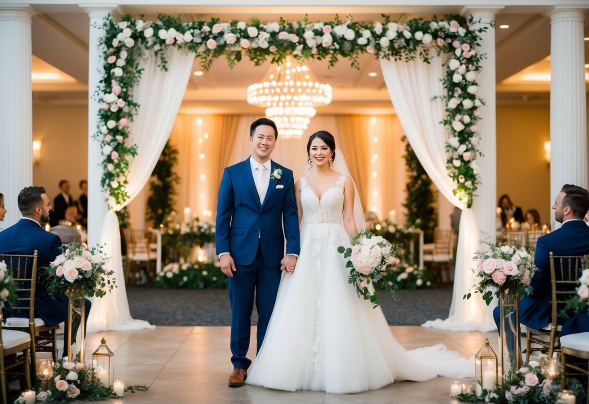 A bride and groom stand in front of a beautifully decorated wedding venue, with flowers, lights, and elegant drapery adorning the space