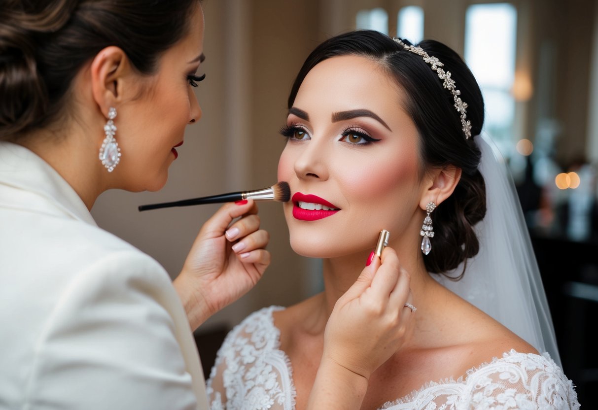 A bride's makeup being applied with attention to lips and cheeks
