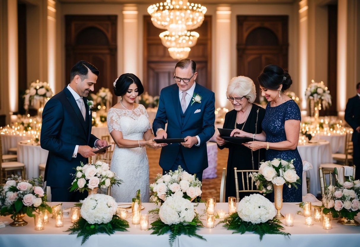 The groom's family arranging and paying for wedding decorations in a grand hall with floral arrangements, elegant centerpieces, and twinkling lights