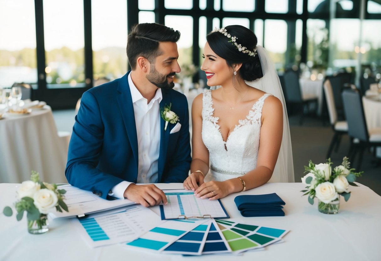 A couple sits at a table, discussing wedding decorations. A budget spreadsheet and various decor samples are spread out in front of them