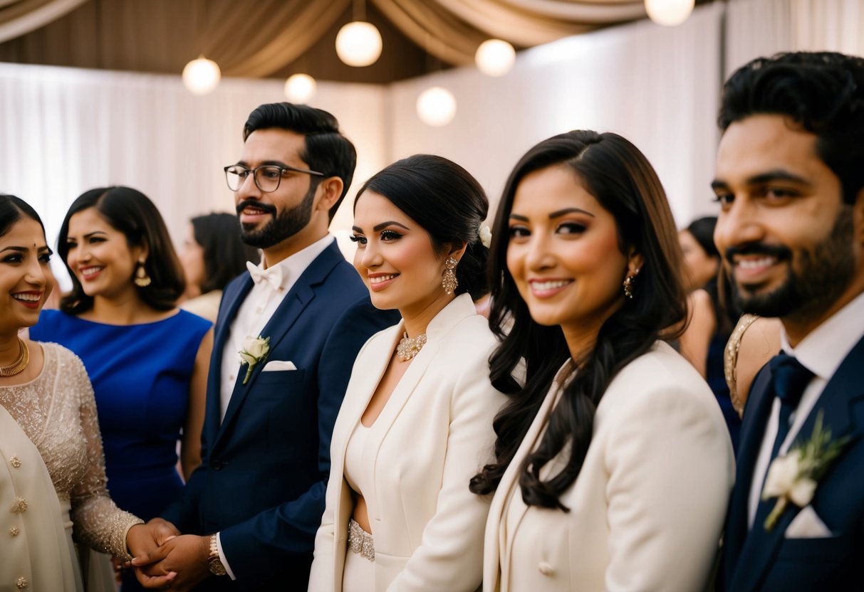 A group of elegantly dressed individuals at an engagement party, with a focus on a person wearing a white outfit