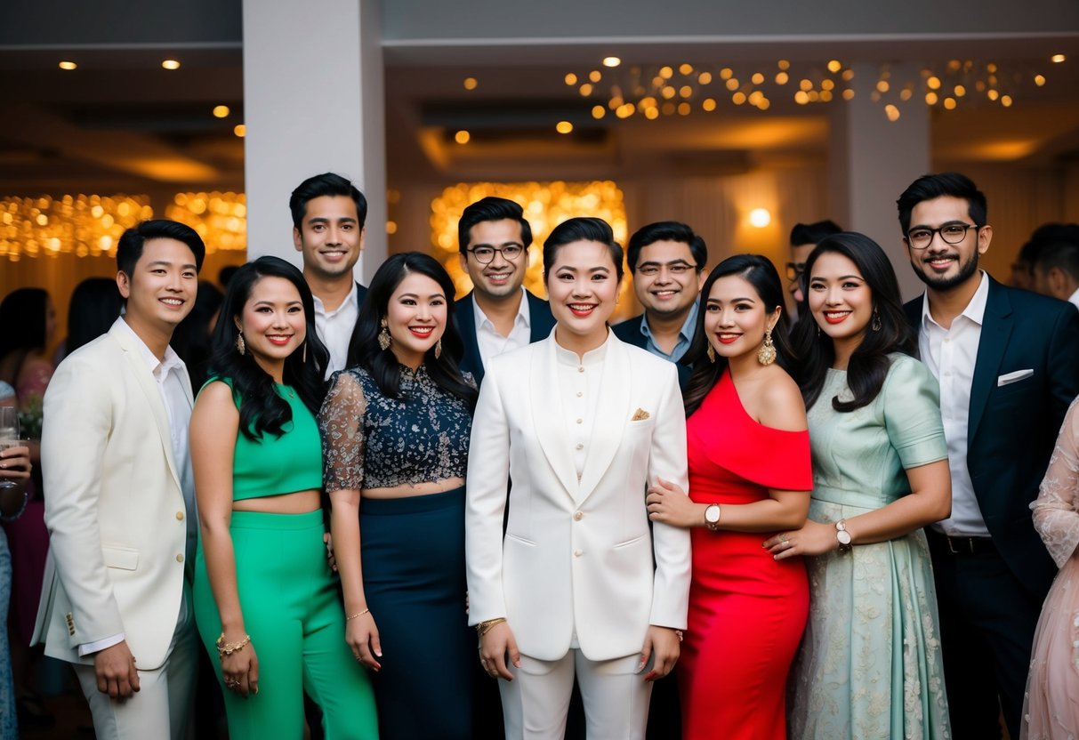 A group of stylishly dressed individuals at an engagement party, with one person wearing a white outfit, surrounded by others in various attire