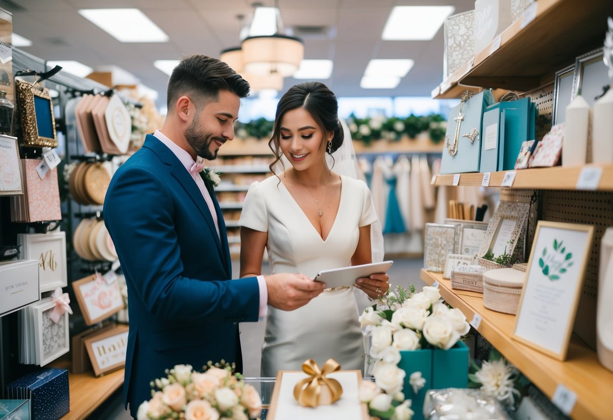 A couple browsing through a variety of wedding-related items at a store, including decorations, invitations, and attire
