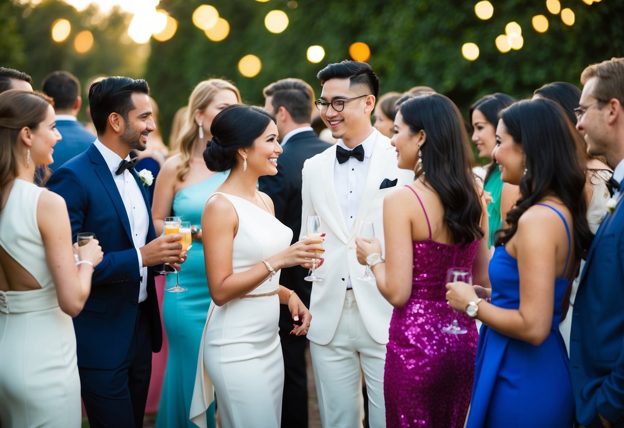 A group of elegantly dressed guests mingling at an engagement party, some wearing white attire while others opt for colorful ensembles