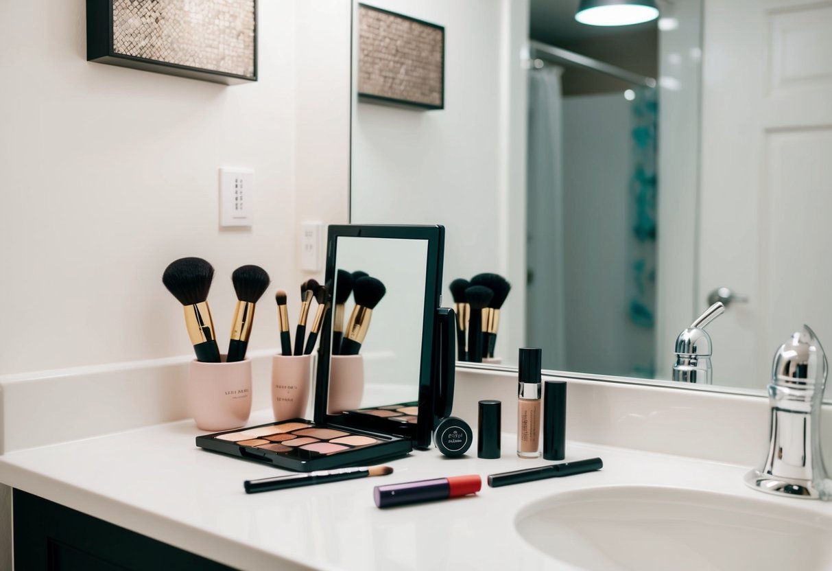 A clean, well-lit bathroom with a vanity mirror, makeup brushes, foundation, eyeshadow palette, mascara, and lipstick laid out neatly on the counter
