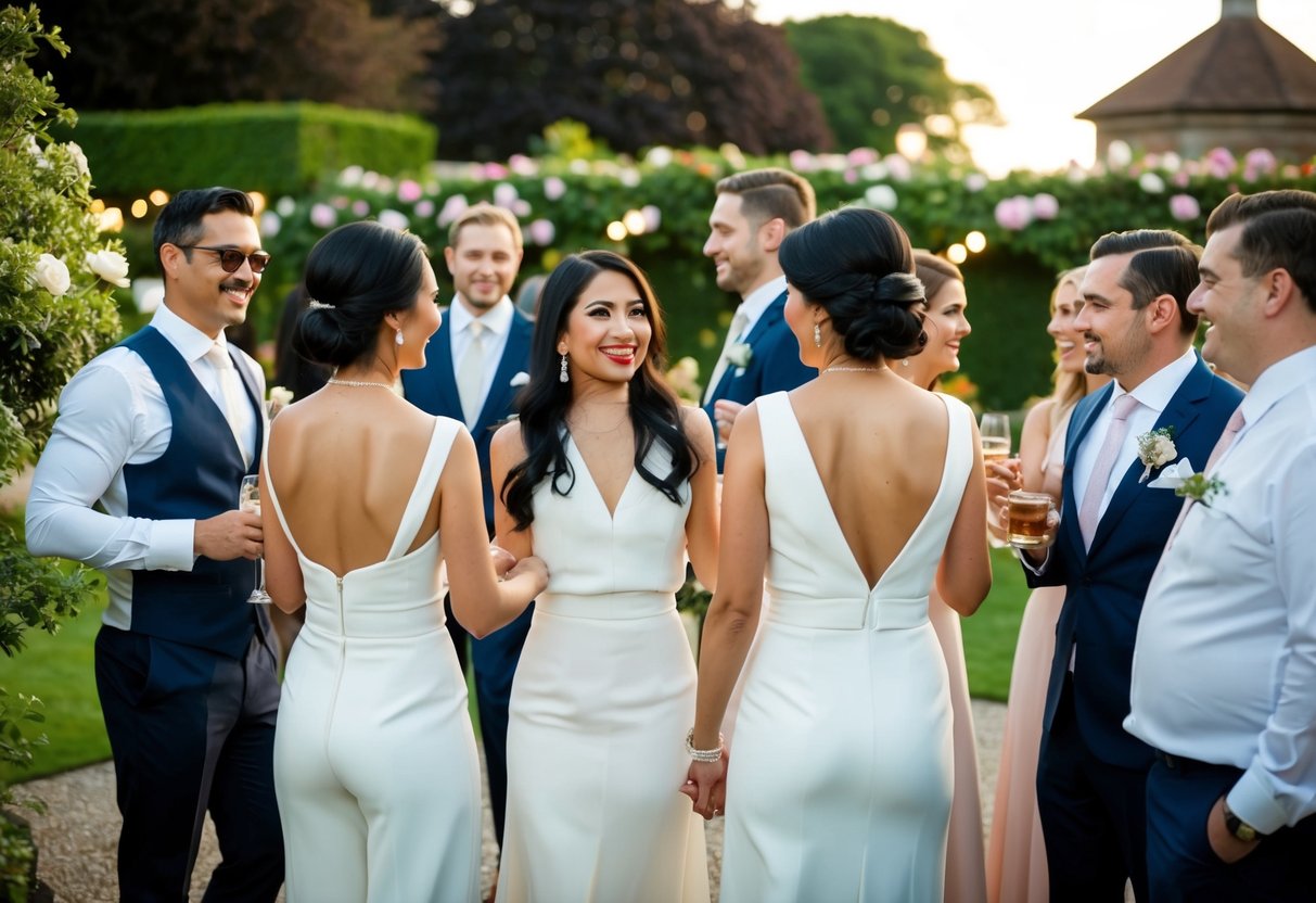 An elegant outdoor garden engagement party with guests dressed in formal attire, including white outfits