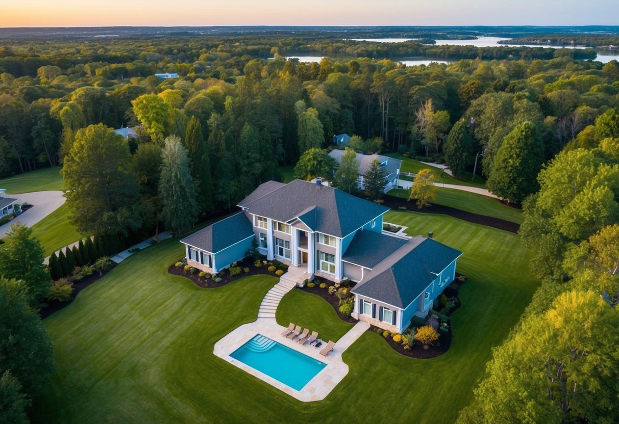 Aerial drone captures sweeping views of a scenic property, showcasing its layout, features, and surroundings in vivid detail