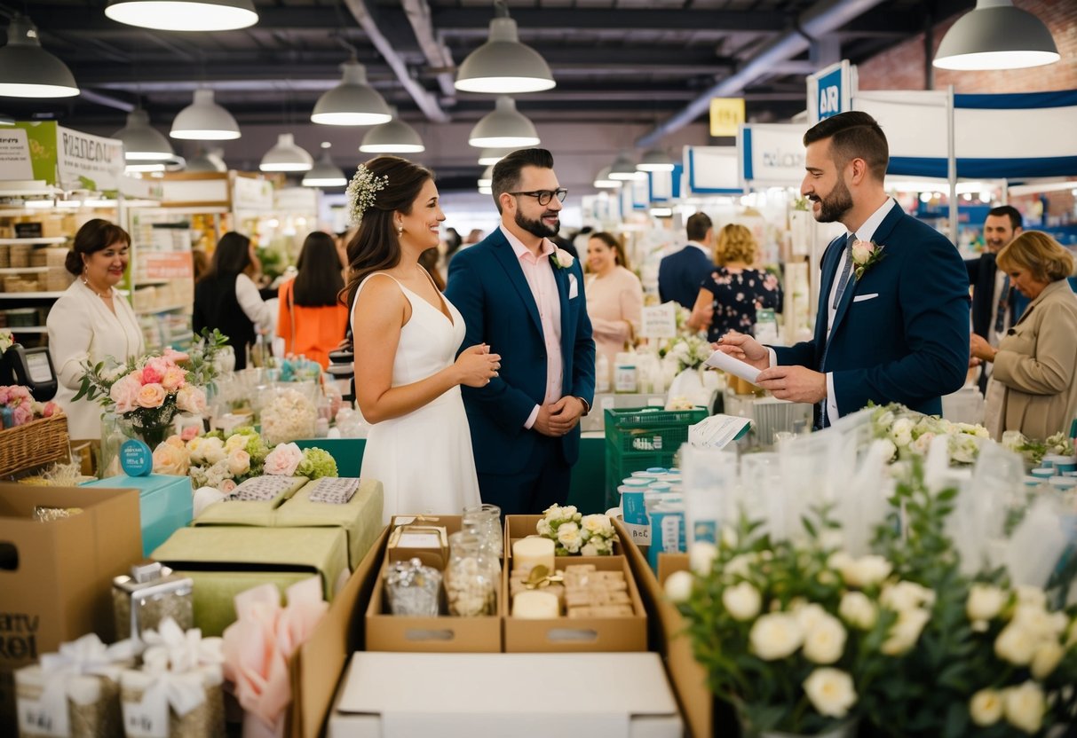 A busy market with vendors selling wedding supplies and decorations, while a couple consults a planner at a bustling event venue