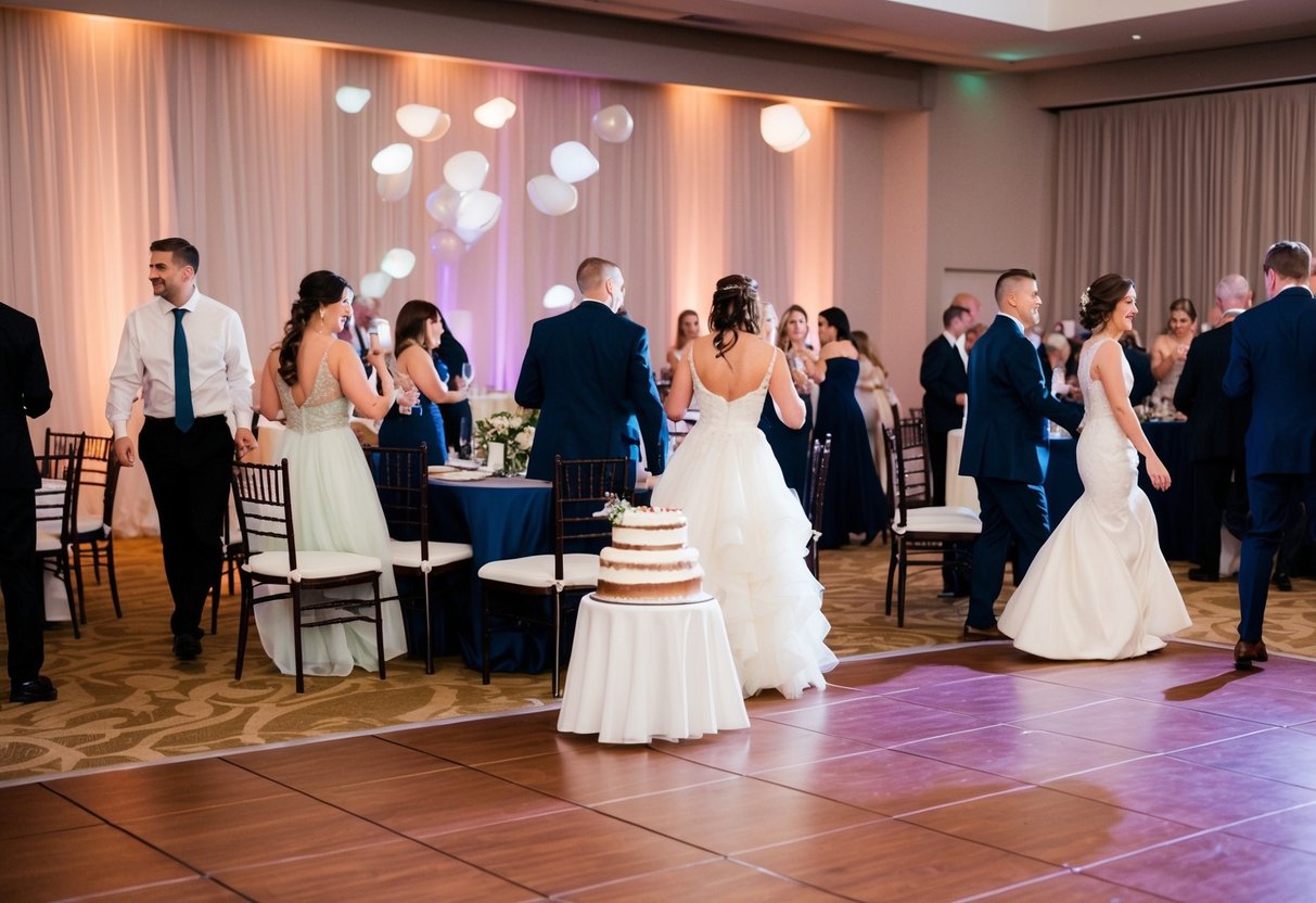 Guests leaving wedding reception early, empty chairs, half-eaten cake, and abandoned dance floor