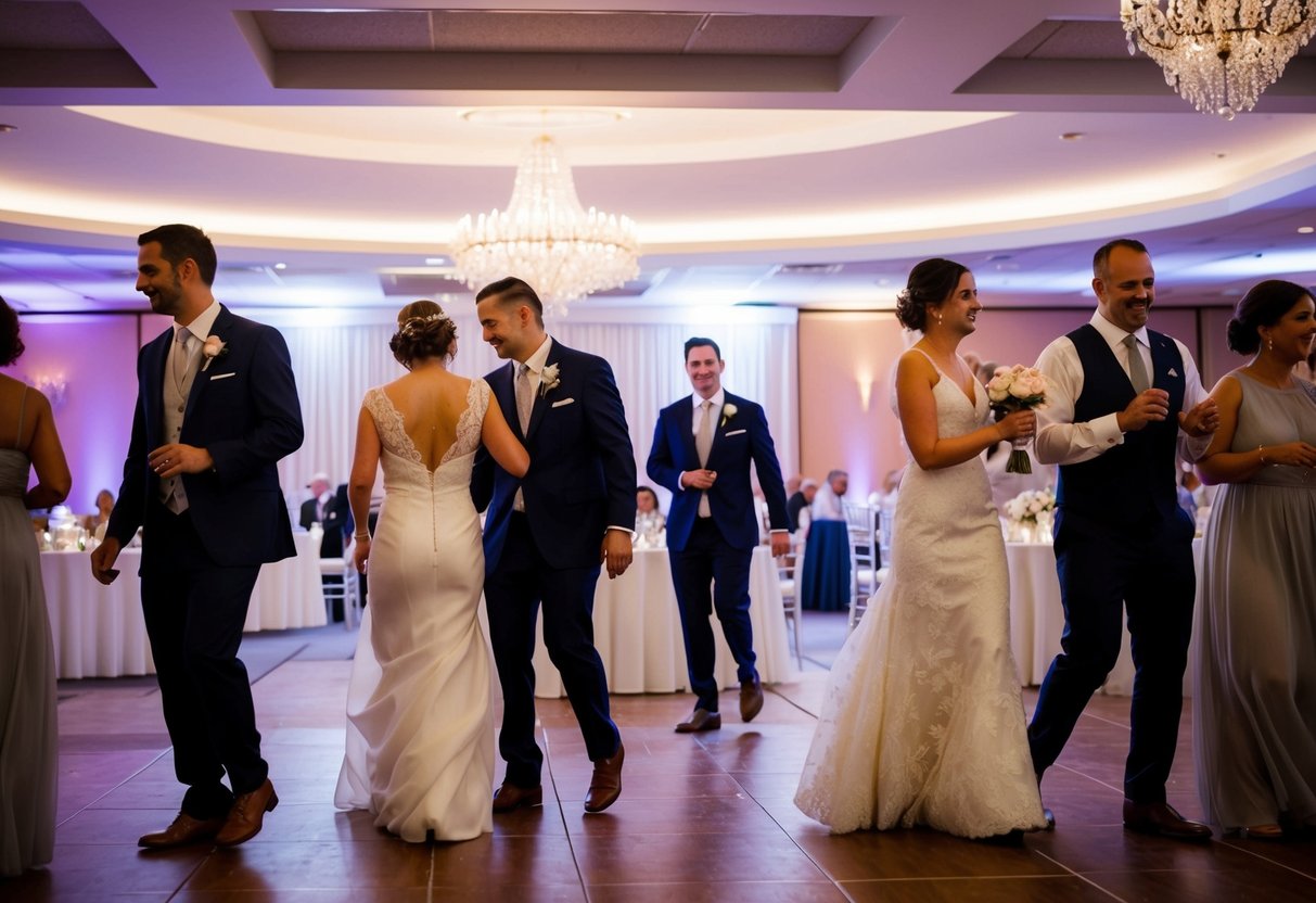 Guests leaving a wedding reception early, with a vacant dance floor and empty tables