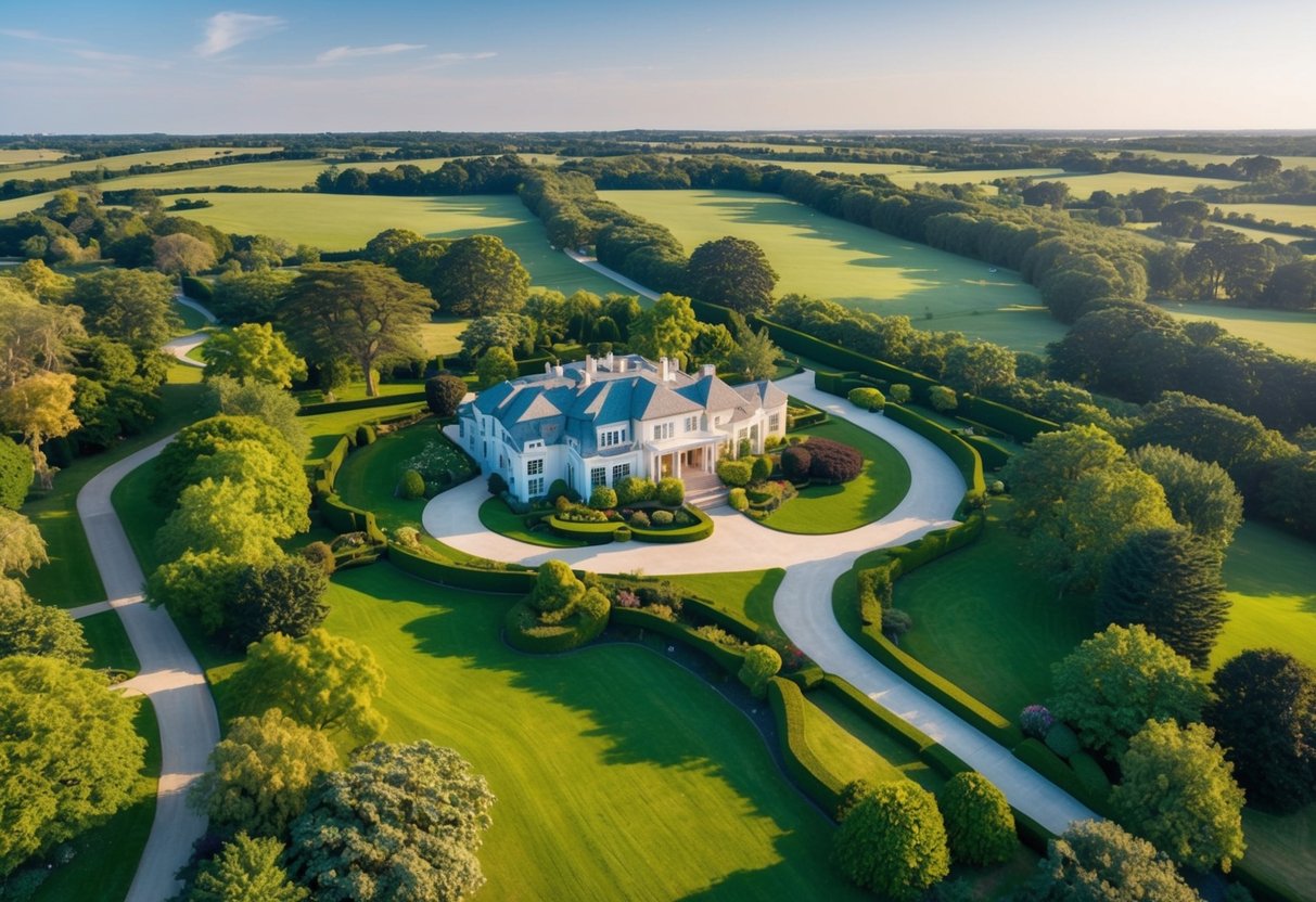 Aerial view of a sprawling property with lush greenery, winding pathways, and a grand estate, capturing the beauty and scale of the landscape