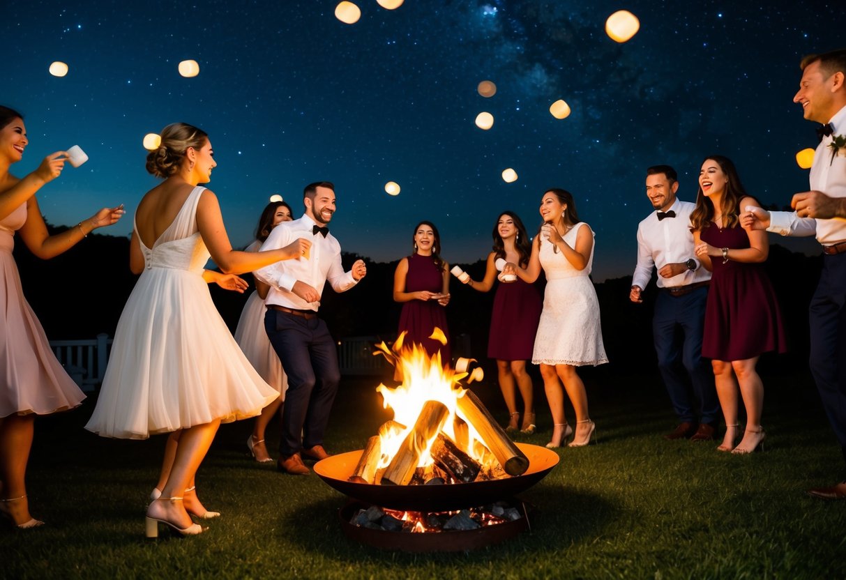 Guests dancing outside under a starry sky, while others gather around a bonfire, laughing and toasting marshmallows