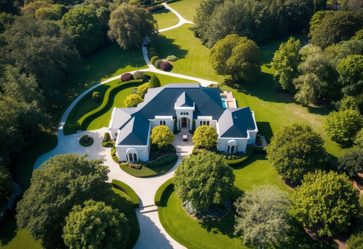 Aerial view of a sprawling property with lush greenery, winding pathways, and a stunning architectural design, captured from a high angle with a drone