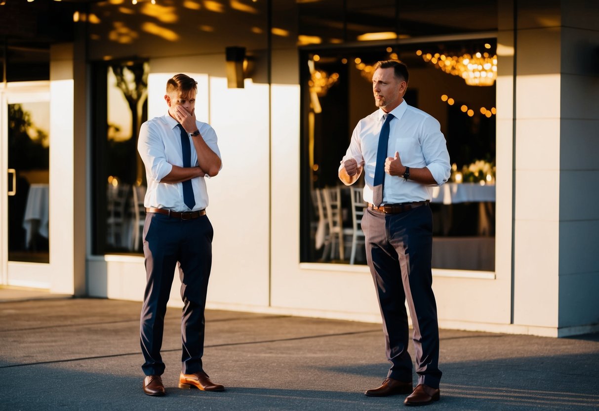A couple stands outside a wedding reception venue, one looking disappointed and the other frustrated. The setting sun casts long shadows on the ground, highlighting their tension