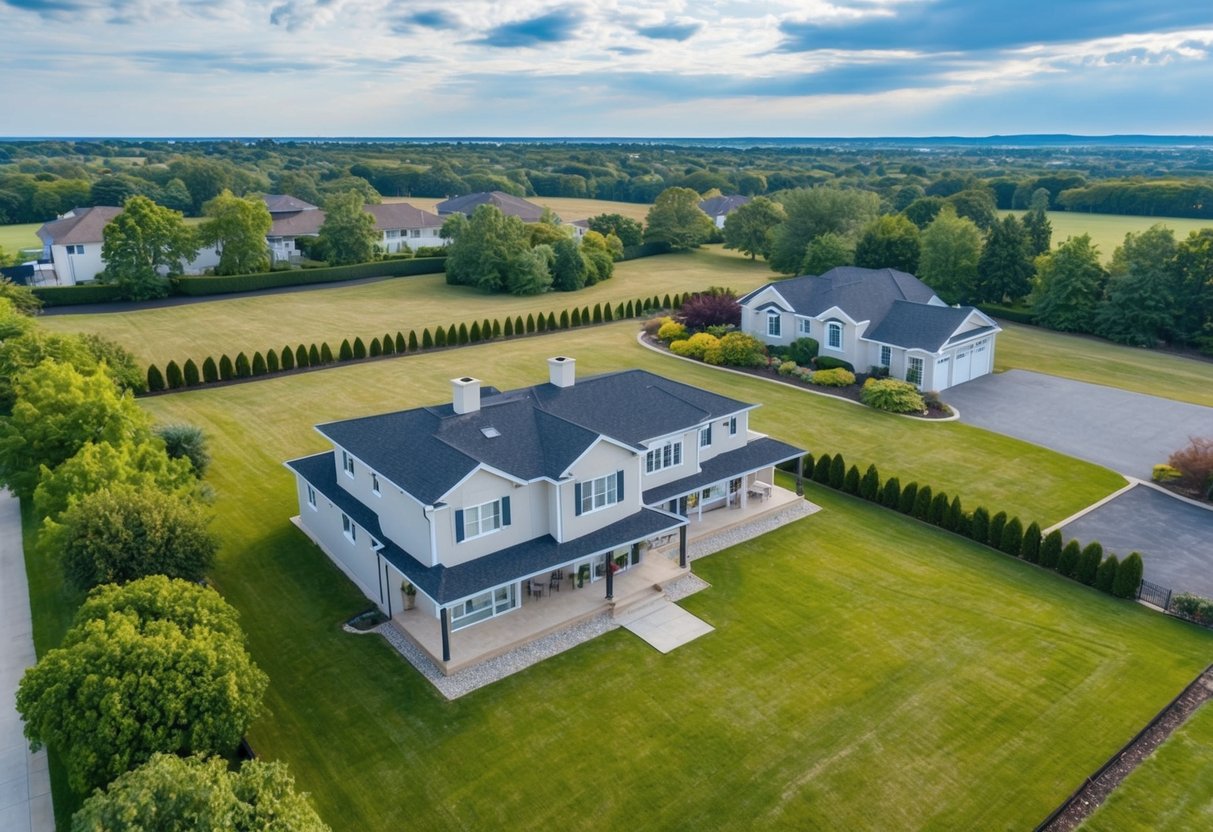 Aerial view of a property with a drone capturing the landscape, buildings, and surroundings to tell a compelling visual story