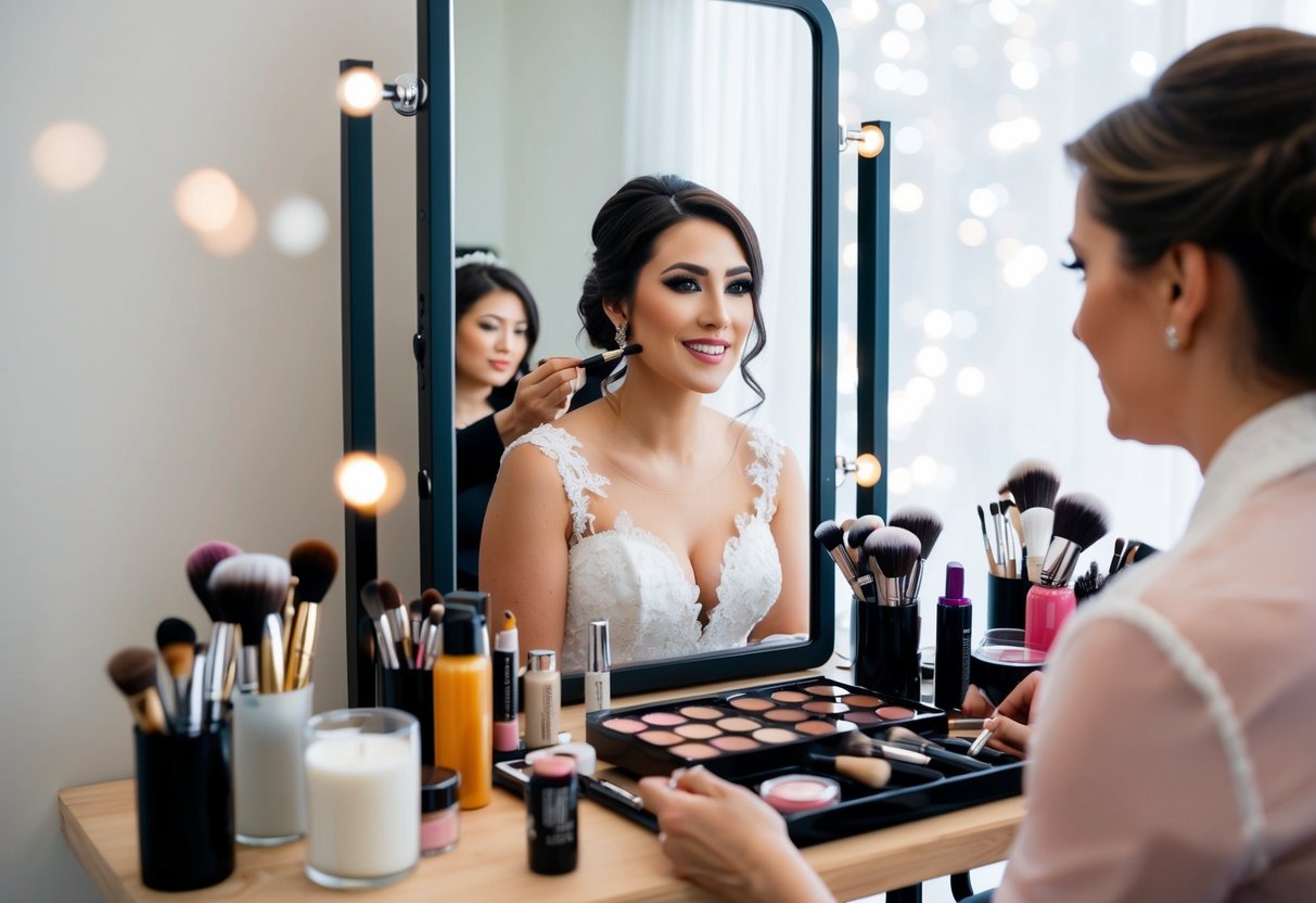 A bride sits in front of a mirror, surrounded by makeup products and brushes. She is getting her makeup done by a professional artist
