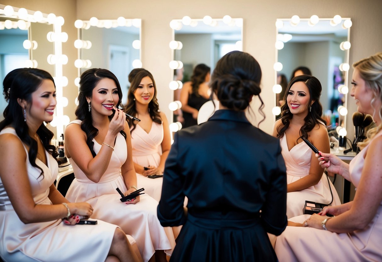 A group of bridesmaids sit in front of mirrors, getting their hair and makeup done by a professional artist